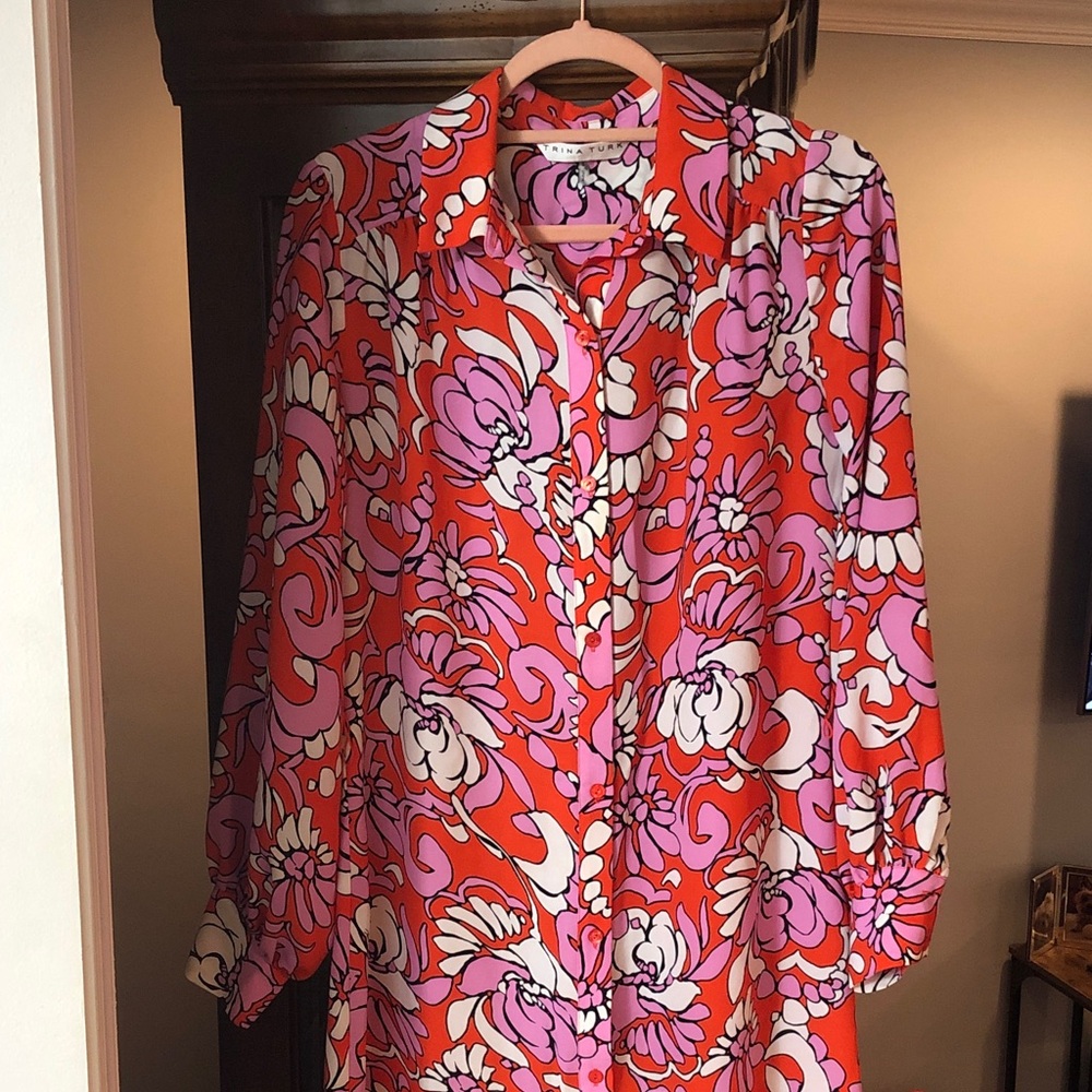 Trina Turk Red and Pink Floral Long Sleeve Dress